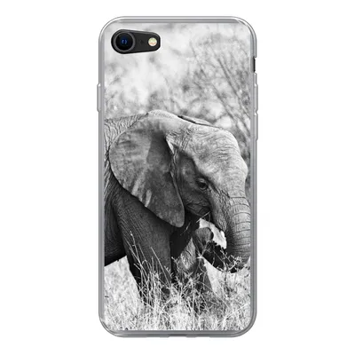 Produktbild von MuchoWow® Handyhülle Schutzhülle Hülle für iPhone 8 Elefant - Tiere - Gras - Schwarz und weiß Silikon Softcase Handy Hülle - Schutzhaube
