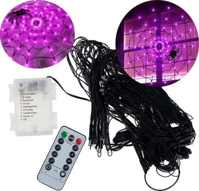 A collage of images showing Halloween spider web lights, a battery pack, and a remote control.