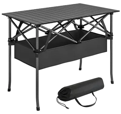 Obrázek produktu pro Campingový stůl - skládací stůl - kovová konstrukce, 93x55x68 cm - síťka pod pracovní deskou - skládací - černý