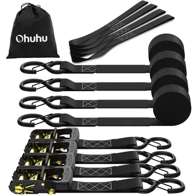Produktbild von Ohuhu Spanngurte mit Ratsche und Haken 4 Stück - 4 cm x 4,6 m 1500 kg Bruchlast, Ratschen Set - Ratschengurt 2-Teilig - Zurrgurte Schwarz mit Sicherheits-S-Haken für LKW, Ladung, Umzüge, Geräte