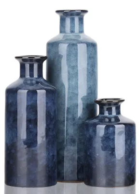 Keramikvasen-Set Blau, 3 Stück, Craquelé, 7,6–25,4 cm