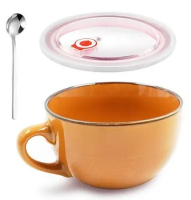 Zdjęcie produktu dla Duża ceramiczna kubek o pojemności 700 ml z pokrywką i łyżeczką, kolor pomarańczowy