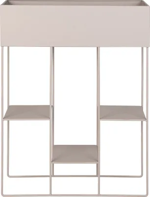 A light gray planter with a rectangular top and a geometric metal frame base.