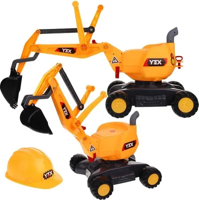 Two yellow toy excavators and a yellow toy hard hat are displayed against a white background.