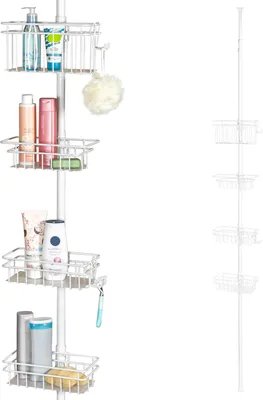 Image de bremermann étagère de salle de bain télescopique, 4 paniers, 2 crochets, barre télescopique jusqu'à env. 290 cm maxi, étagère de douche inoxydable réglable en hauteur, étagère à pince sans percer, blanc