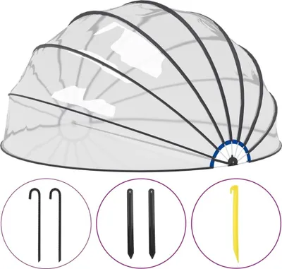 A transparent dome-shaped pool cover with black support ribs and a blue accent ring, shown with three types of ground stakes.
