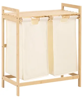 Produktbild von BELIANI Badregal mit 2 Wäschekörben Hellbraun u. Weiß Bambus 73 cm Hoch Lamellen-Optik Latten-Optik Skandi Badezimmer Ausstattung Badmöbel Bambusregal