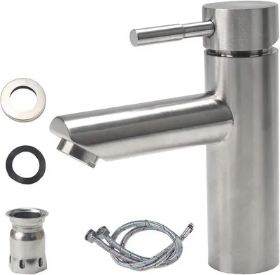Produktbild von Küchenarmatur aus Edelstahl 304, Badezimmerarmatur mit Wasserhahn, Waschbeckenarmatur mit Warm- und Kaltwasser, Waschbeckenarmatur, Gäste-Badezimmerarmatur (Silber).