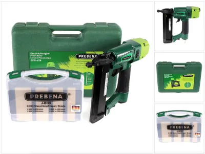 Image de Prebena 2XR-J50 Cloueur pneumatique + Coffret + Pointes/Brads à tête refoulé J-BOX, 8000 pcs.