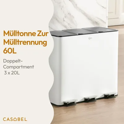 Produktbild von CASABEL Mülleimer Küche 60 L, Mülltrennsystem 3 x 20 L aus Rostfreiem Edelstahl, Rechteckiger Recycling, Abfalleimer mit Pedalen, Fingerabdruckschutz und Geruchsdicht, Weiß