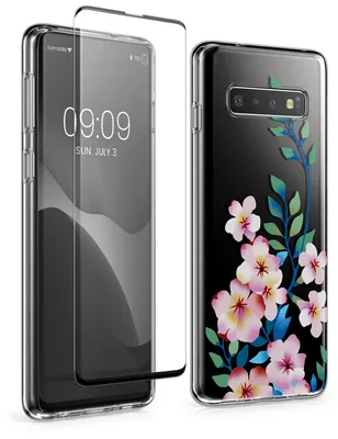 Produktbild von kwmobile Hülle kompatibel mit Samsung Galaxy S10 Handyhülle - Silikon Case transparent - Mit Glas Schutzfolie - Kirschblüten bunt Hellrosa Rosa