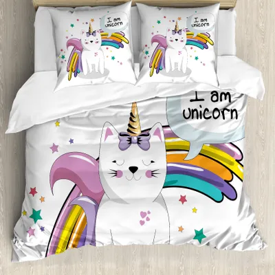 Produktbild von ABAKUHAUS Einhorn-Katze Bettbezug, Kinder-Fiction-Fee, Milbensicher Allergiker geeignet mit Kissenbezügen, 155 cm x 220 cm - 80 x 80 cm, Mehrfarbig