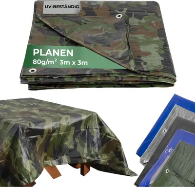 Produktbild von Plane Tarpaulin Khaki 3x4 m, 80 g/m, Abdeck-, Olive/Tarnung, mit Ösen