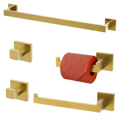Produktbild von 5-teiliges Badezimmer-Zubehörset mit Handtuchstange, Haken, Toilettenpapierhalter und Handtuchring zur Wandmontage (Gold)