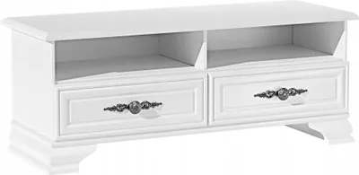 Zdjęcie produktu dla Komoda RTV biały mat 125x47x54 cm z 2 szufladami i półkami do salonu w stylu prowansalskim