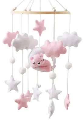 Productafbeelding van Houten baby mobiel met vilten ballen, roze wolken, voor babybed decoratie