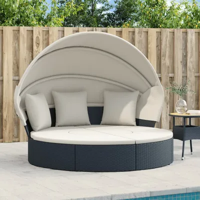 Produktbild von CLORIS Outdoor-Loungebett mit Dach und Kissen Schwarz Poly Rattan - Gartenliegen 362254