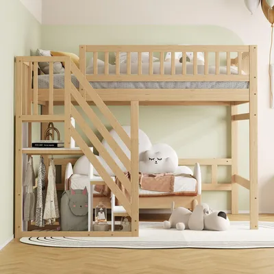 Produktbild von MODFU Kinderbett 140x200 mit Matratze,Hochbett mit Treppe & Aufbewahrungsschrank,Holzbett mit Sicherheitszaun,weiß +Holzfarbe