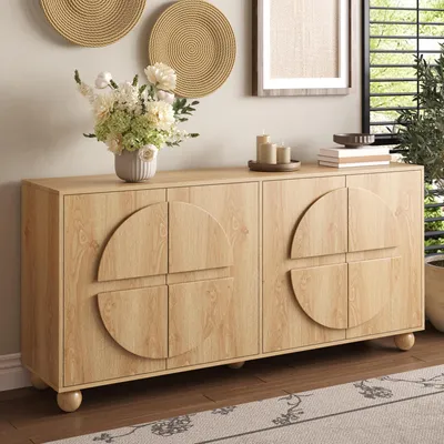 Obrázek produktu pro MODFU, komoda s reliéfním designem, skříňka s 4 dvířky, rozměry 160x38x76 cm, skříň do obývacího pokoje, komoda do předsíně s nastavitelnými policemi a úložným prostorem, přírodní design