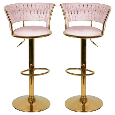 Image de Lot de 2 tabourets de bar avec dossier en velours, pivotants à 360°, réglables en hauteur, tabourets de bar, tabourets de bistrot, rose