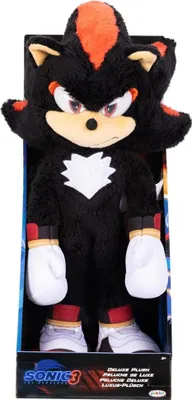 A plush toy of the character Shadow the Hedgehog from Sonic the Hedgehog 3, presented in its retail packaging.