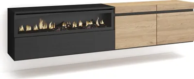 Image de COZY Meuble TV, Banc Télé, 200x35x45cm, Pour les TV jusqu'à 80", Cheminée électrique, Suspendu, Mural, Chêne et noir