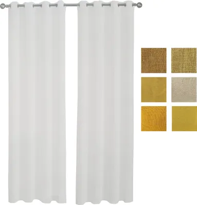 Two white curtains are shown hanging from a rod, with a grid of six fabric swatches in various shades of gold and brown to the right.