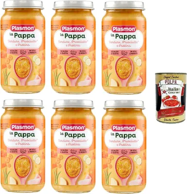 Produktbild von Plasmon La Pappa Verdure, Prosciutto e Pastina la Pappa Gemüse, Schinken und Pastina 6x200 g+ Italian Gourmet Polpa di Pomodoro 400g