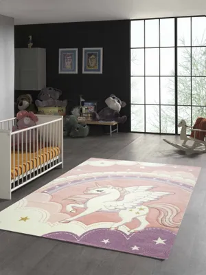 Obrázok produktu pre Koberec do detskej izby s motívom jednorožca a dúhy, krémovo-ružový, rozmery – 160 x 230 cm
