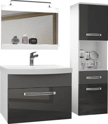 Produktbild von BELINI Badmöbel Vollausstattung Set Waschbeckenschrank, Hochschrank, Waschbecken, Spiegel, Lampe (Grau / Grau, Glänzend und Matt)
