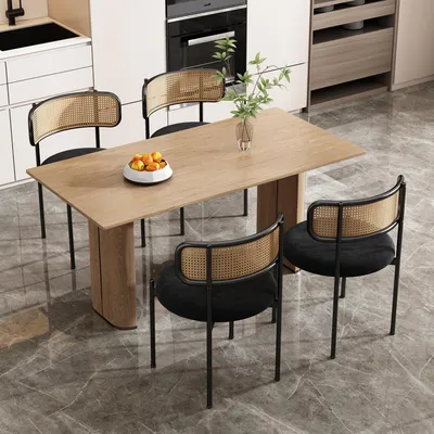Obrázok produktu pre Sametová jedálenská stolička, sada 6 kusov, moderný, jednoduchý relaxačný stôl s štyrmi kovovými nohami, ratanový relaxačný stôl, stôl do obývačky a spálne, čierna farba