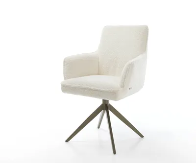 Produktbild von DELIFE Drehstuhl Heira-Flex mit Armlehnen Bouclé Weiß Kreuzgestell breit Effektfinish Titan 360° drehbar Taschenfederkern