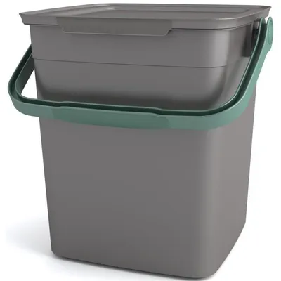 A gray compost bin with a green handle and lid, shown from a slightly diagonal front-side angle.