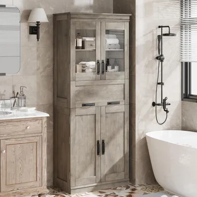 Image de Armoire de salle de bain, 170 cm, gris, 4 portes, portes en verre, étagères réglables, tiroirs