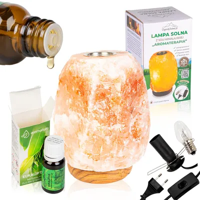 Zdjęcie produktu dla Zestaw - Lampa solna Aroma jonizator, oczyszczacz powietrza + Olejek eteryczny o zapachu eukaliptus do aromaterapii - Aromaterapia, jonizacja, dekoracja wnętrza, prezent wellness