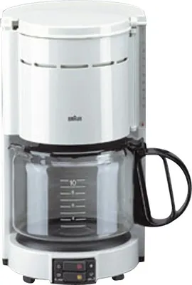 A white Braun coffee maker with a glass carafe.