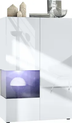 Produktbild von Vladon Vitrine Morena V2,  Germany, Standvitrine mit 2 Türen und Glaseinsatz, Korpus Weiß matt, Fronten Weiß Hochglanz, Cube Schwarz Hochglanz inkl. LED-Beleuchtung Weiß (91,5 x 136,5 x 37 cm)