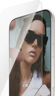 A screen protector is shown over a smartphone displaying a woman's face.