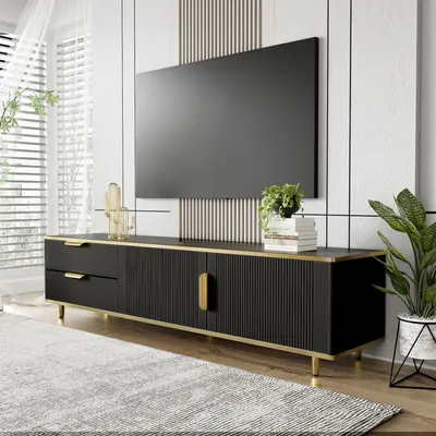 Produktbild von okwish TV-Schrank TV-Lowboard mit 2 Türen und 2 Schublade, Lange 175cm, Fernsehtisch Wohnzimmerschränke TV-Möbel für Wohnzimmer, Esszimmer und Schlafzimmer, Schwarz