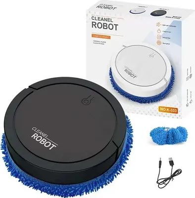 A robotic floor cleaner and its packaging are displayed against a white background.