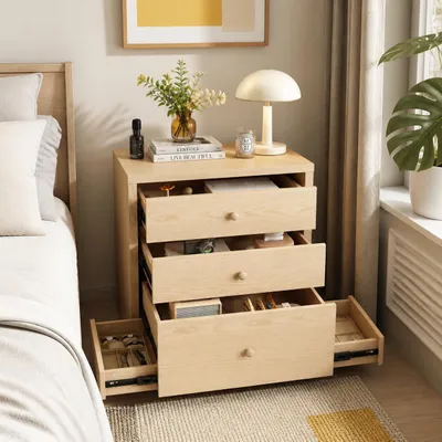 Produktbild von Nachttisch mit 3 Schubladen und Geheimfach, Sideboard mit Versteckten Geheimfächern, Intelligentes Stauraum-Konzept, Beige, MDF, 60 x 40 x 63 cm
