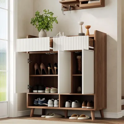 Obrázok produktu pre Komoda na topánky s 3 dverami a 2 zásuvkami, drevené nožičky, biela farba s dreveným vzhľadom, ideálna do predsiene, rozmery 90 x 35 x 100 cm