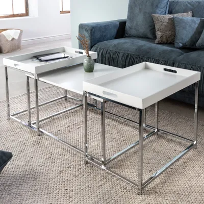 Produktbild von Modernes Couchtisch 3er Set ELEMENTS 75cm weiß Chrom abnehmbares Tablett