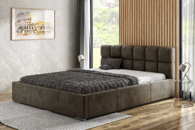 Zdjęcie produktu dla Łóżko tapicerowane AGMAT MALTA z wezgłowiem, 140 x 200 cm, łóżko podwójne z podstawą łóżka i metalową ramą z listew, tkanina welurowa: brązowy