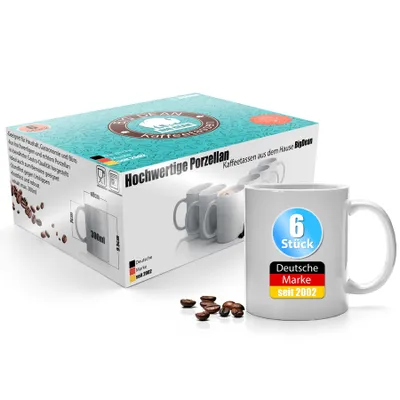 Produktbild von BigDean 6 Stück Kaffeebecher weiß 300ml – Kaffeetassen aus hochwertigem Porzellan in Geschenkverpackung