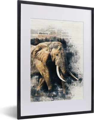 Produktbild von MuchoWow® MuchoWow® Gerahmtes Poster Elefant - Farbe - Zeitungspapier 30x40 cm - Poster mit zchwarzem Bilderrahmen - Wandposter Schlafzimmer
