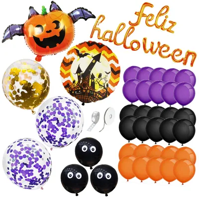 Immagine prodotto di Set di decorazioni per Halloween Springos, 60 pezzi, con zucche e scritta "Feliz Halloween"