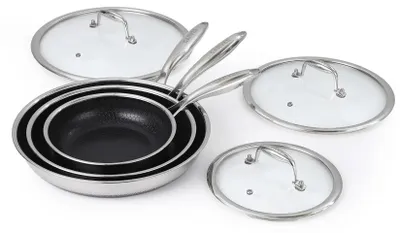 Produktbild von Pfannenset - 3-teiliges Bratpfannen Set - 304 Edelstahl - Dreilagiger Boden - Antihaftbeschichtung - Induktion geeignet - Glasdeckel - 20/25/30 cm