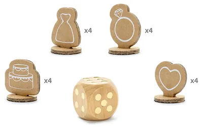 Holzwürfel und 16 Spielfiguren im Hochzeitsdesign mit Brautkleid, Ehering, Hochzeitstorte und Herz.