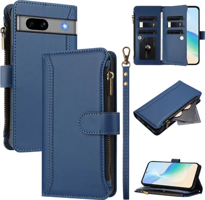 Image de Étui pour Google Pixel 7A, zippé, étui portefeuille en cuirPolyuréthaneà rabat avec poches pour cartes, support et boucle pour les mains bleu